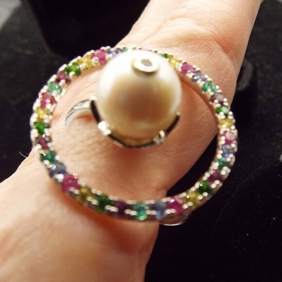 D'JOY "GALAXY" COLORFUL GEMSTONES CIRCLE W/ 9.5 MM NATURAL PEARL SZ. 11 RING 72 - Picture 5 of 6